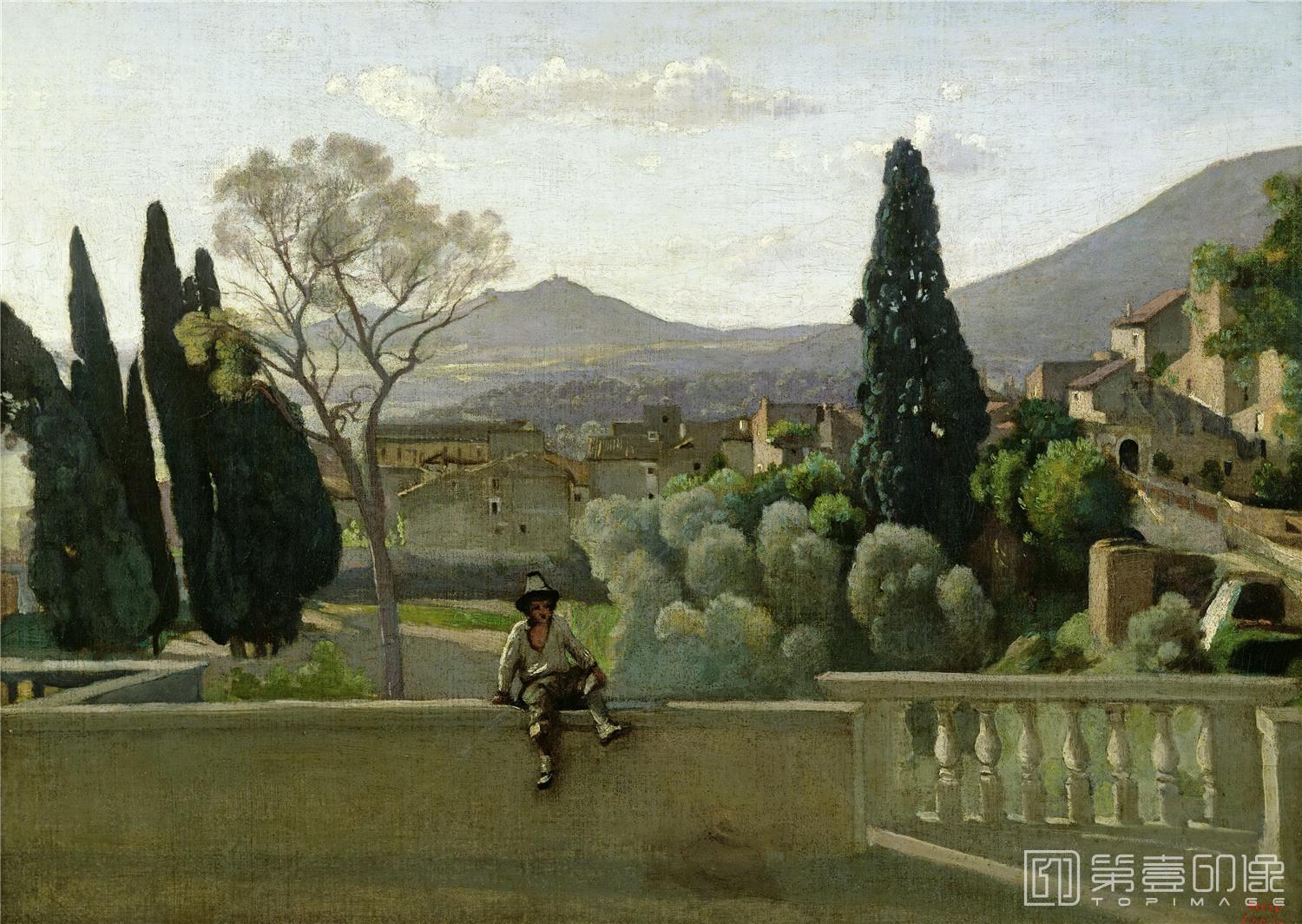 油画-卢浮宫-Corot, Jean-Baptiste CamilleLes Jardins de la Villa d’Este-0432